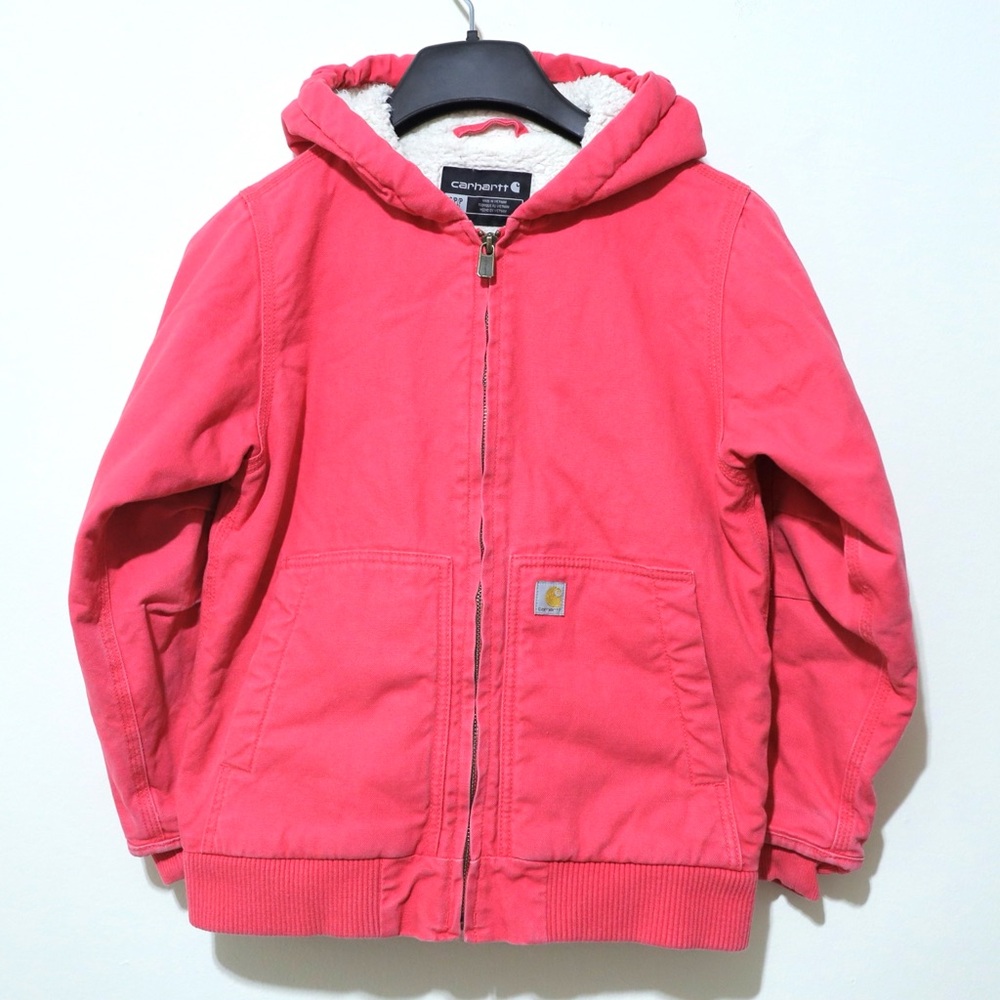 Carhartt Girls Size S 7-8 Pink Canvas Sherpa Lined Active Hooded Jacket EUC